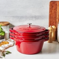 Deals ✔️ Staub Stackable Cocotte, Braiser, And Grill Pan With Lid | Cherry ???? -Le Creuset Shop 750051520