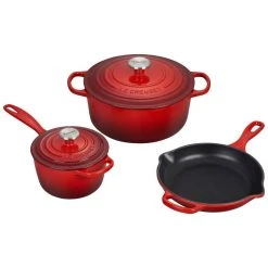 Hot Sale ???? Le Creuset 5-Piece Signature Cookware Set With Stainless Steel Knobs | Cerise/Cherry Red ????