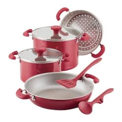 Discount ???? Rachael Ray 8-Piece Enameled Stacking Cookware Set | Red Shimmer ????
