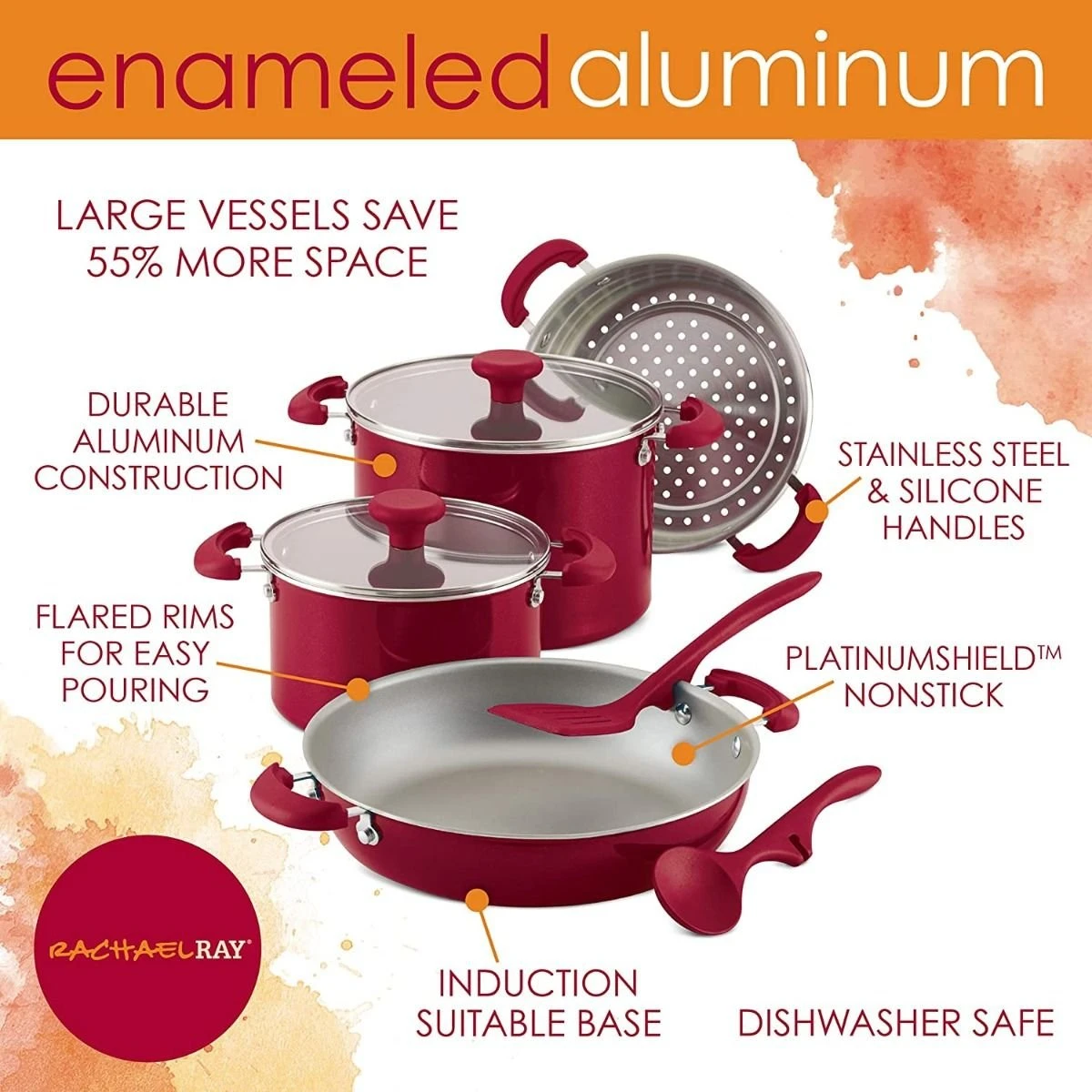 Discount ???? Rachael Ray 8-Piece Enameled Stacking Cookware Set | Red Shimmer ???? 5 Discount ???? Rachael Ray 8-Piece Enameled Stacking Cookware Set | Red Shimmer ???? - Image 3