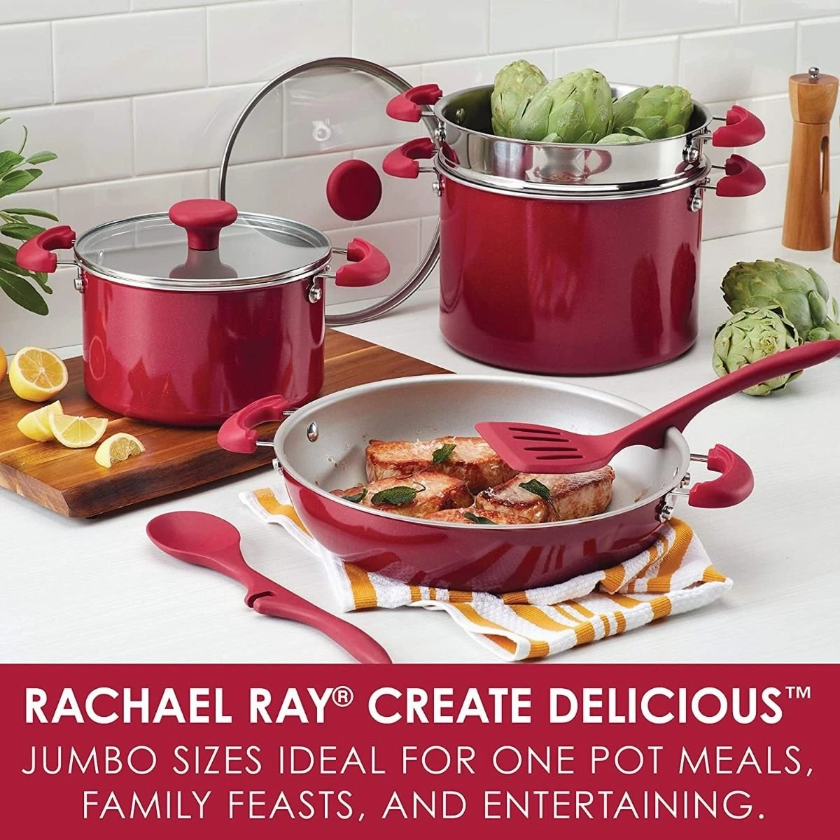 Discount ???? Rachael Ray 8-Piece Enameled Stacking Cookware Set | Red Shimmer ???? 4 Discount ???? Rachael Ray 8-Piece Enameled Stacking Cookware Set | Red Shimmer ???? - Image 2