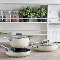 Cheapest ???? SMEG 4 Qt. Nonstick Deep Pan With Lid | Cream ???? -Le Creuset Shop smeg cookware cream 1